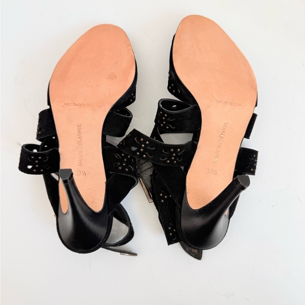 Manolo Blahnik Vintage Black Suede Laser Cut Studded Strappy Heels Sandals 37.5 - Picture 8 of 10